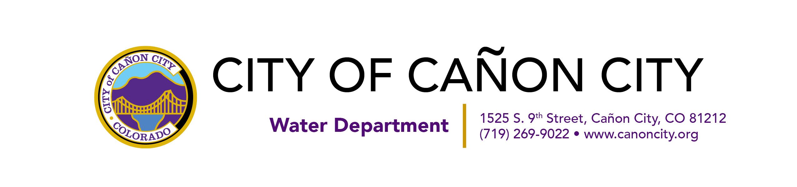 Text of contact information of water department and city logo of gold bridge and purple mountains