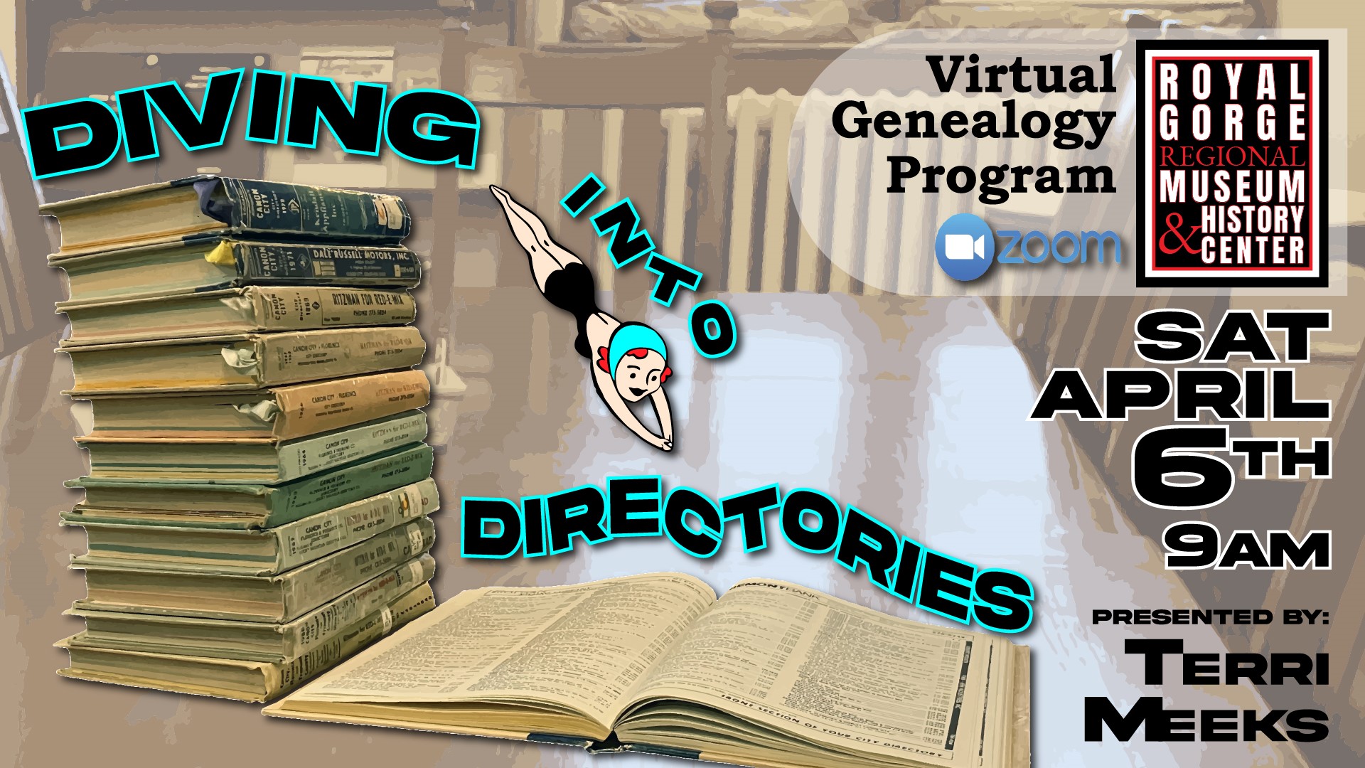 Flyer graphic for virtual genealogy program on April 6, 2024 at 9am.