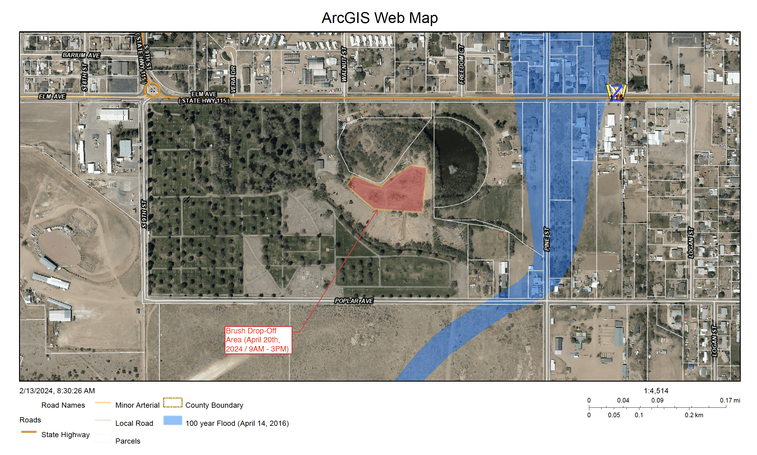 Map of Lakeside Cemetery showing are to drop off tree limbs and branches.