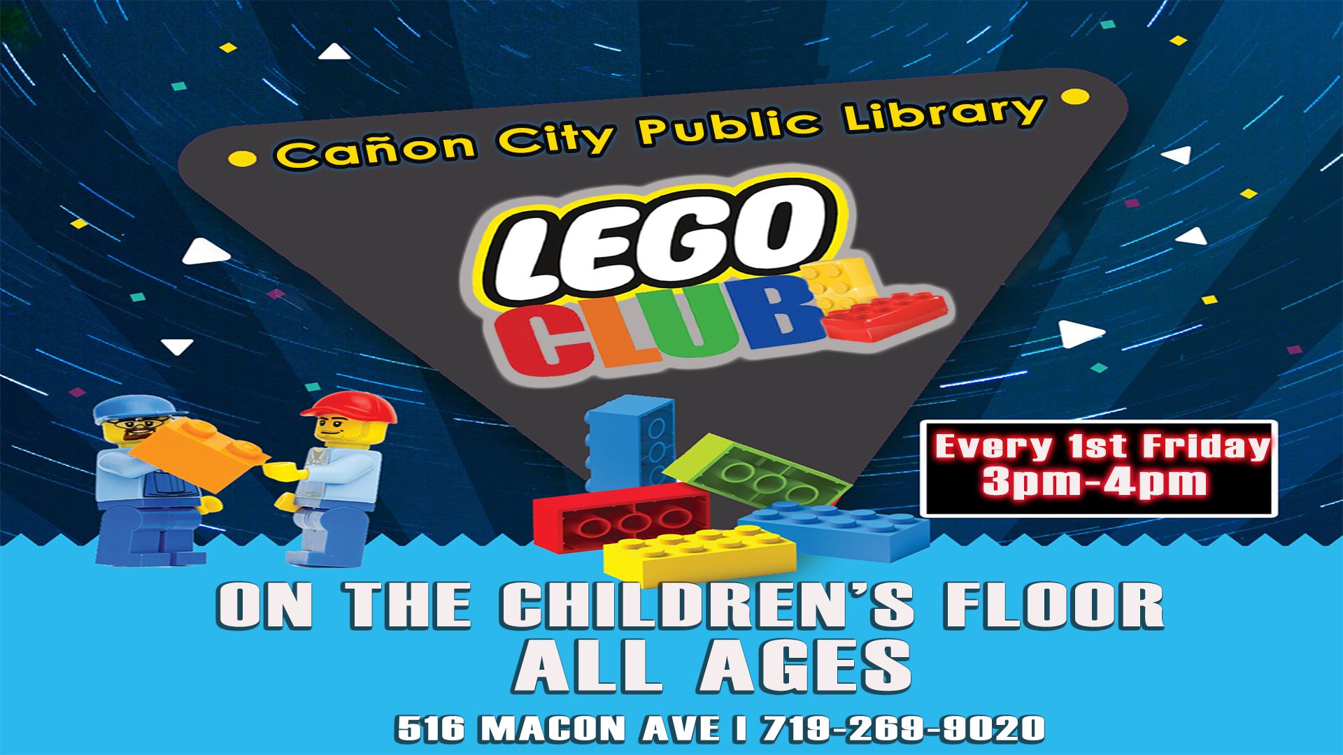 Flyer with picture of lego bricks and people with text event information