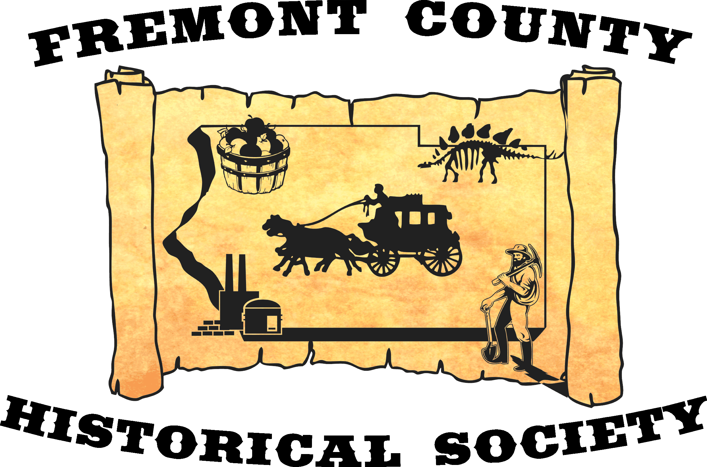 Logo of Fremont County Historical Society. Image of map with wagon in shape of Fremont County. Opens in new window