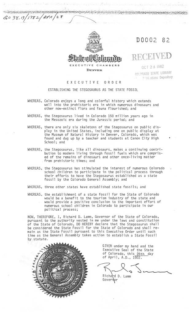 Scanned image of a State of Colorado proclamation for the State Fossil Stegaosaurus.