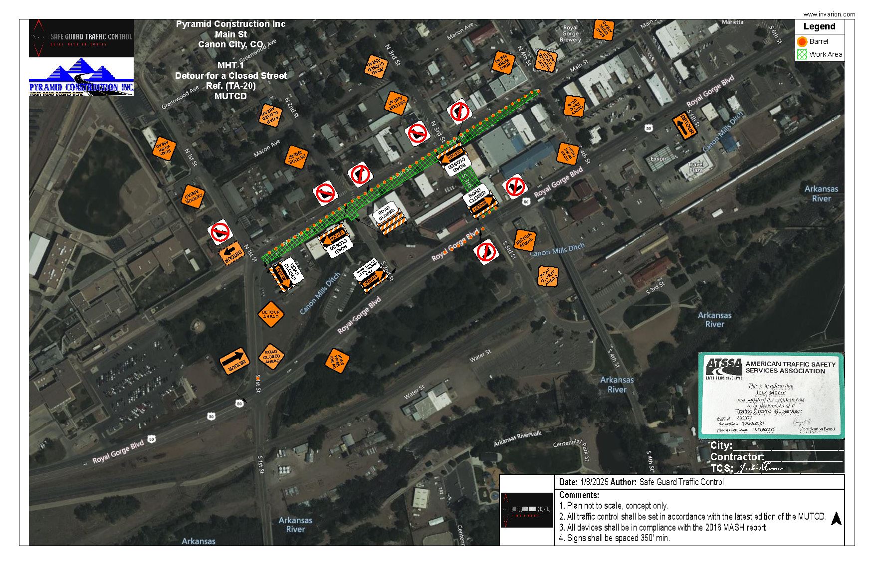 Map of Main Street marking construction zone and detour route and signage