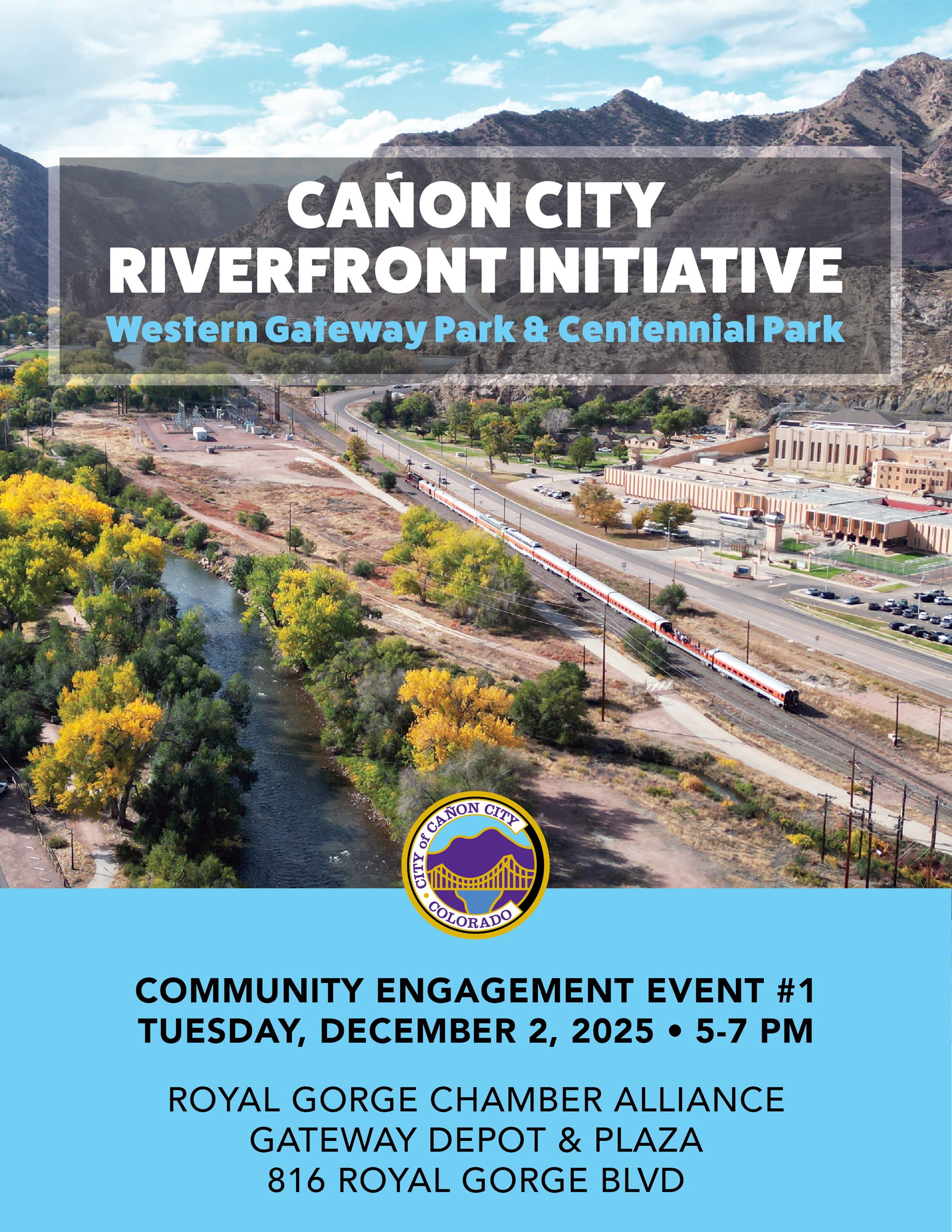 Dec 2 Riverfront Initiative Flyer with photo of the Western Gateway Park in Canon City