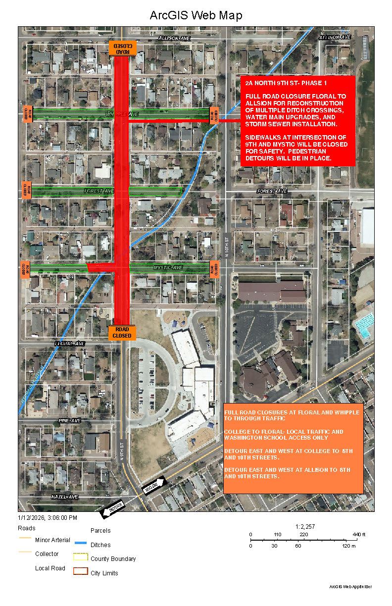 Map outlining road closure for phase one of North 9th 2A project
